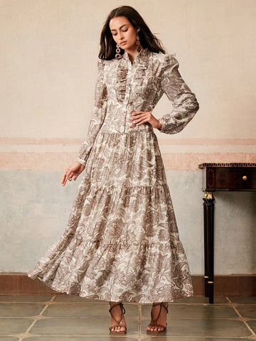 Floral print taupe ruffle dress