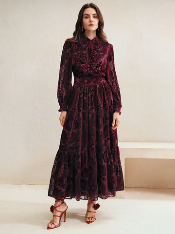 Burgundy velvet lantern sleeve midi dress