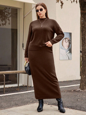 Plus size brown knit sweater and skirt set