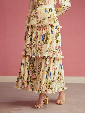 MOTF premium floral print lettuce edge skirt