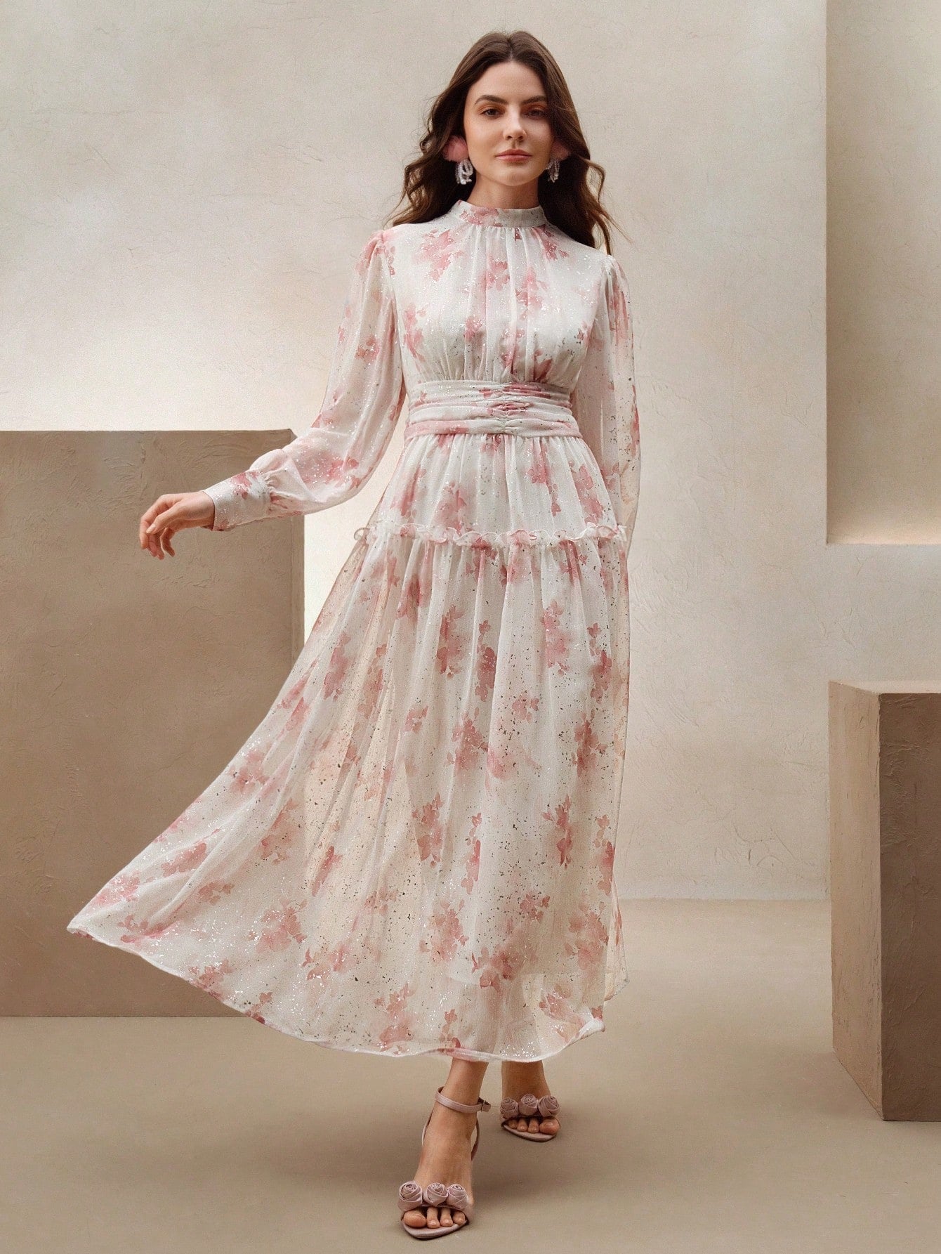 Chiffon floral dress with ruched waist