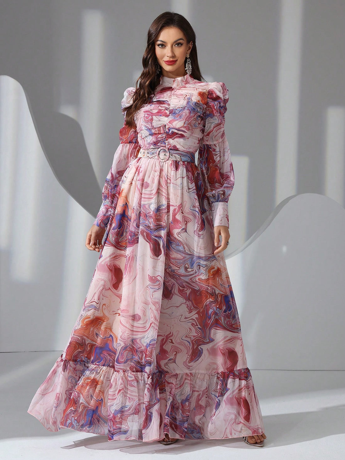 Elegant long sleeve waisted floral maxi dress