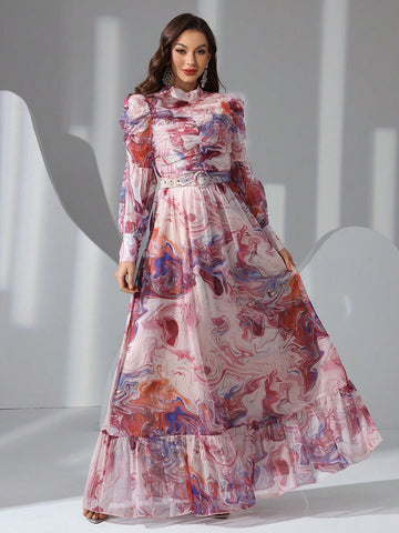 Elegant long sleeve waisted floral maxi dress