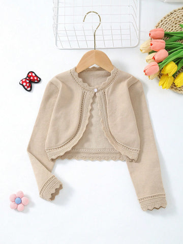 Young girl long sleeve lightweight knit tan cardigan