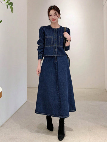 Puff sleeve denim jacket and denim skirt set