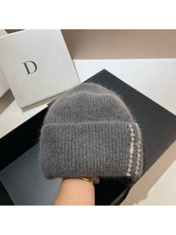 Grey soft cuffed beanie with rhinestone