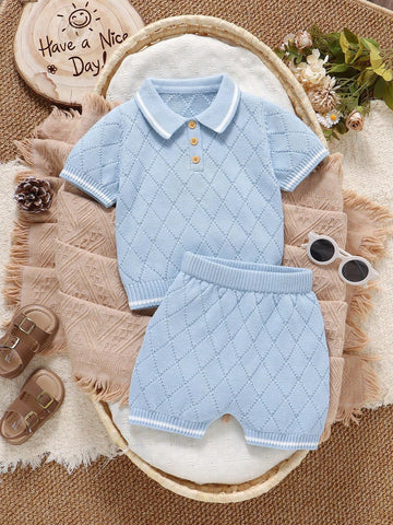 Dressy boys Light blue knit shirt and shorts set