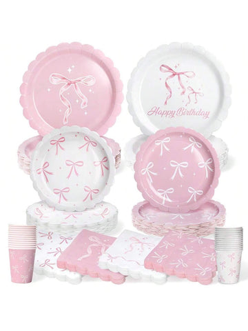 Pink bow plates and napkins, cups set