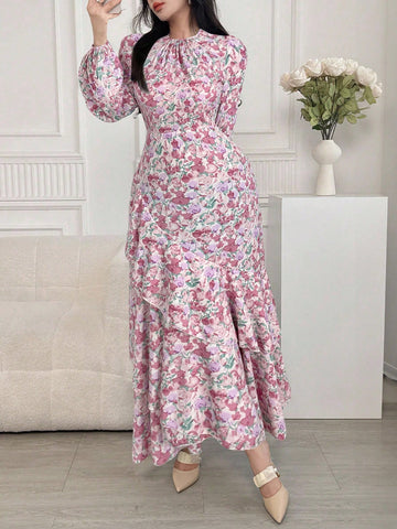 Pink floral print midi dress