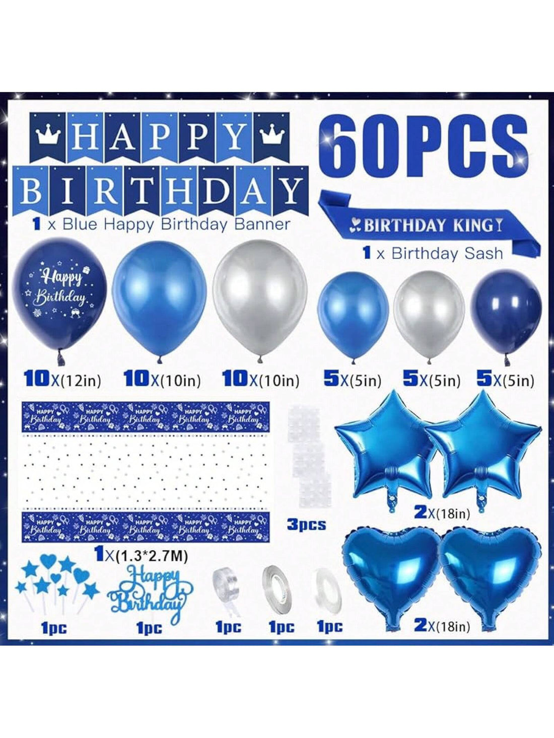 60 pc Blue and silver balloons kit