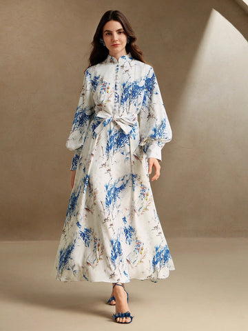 Blue floral long sleeves belted dress