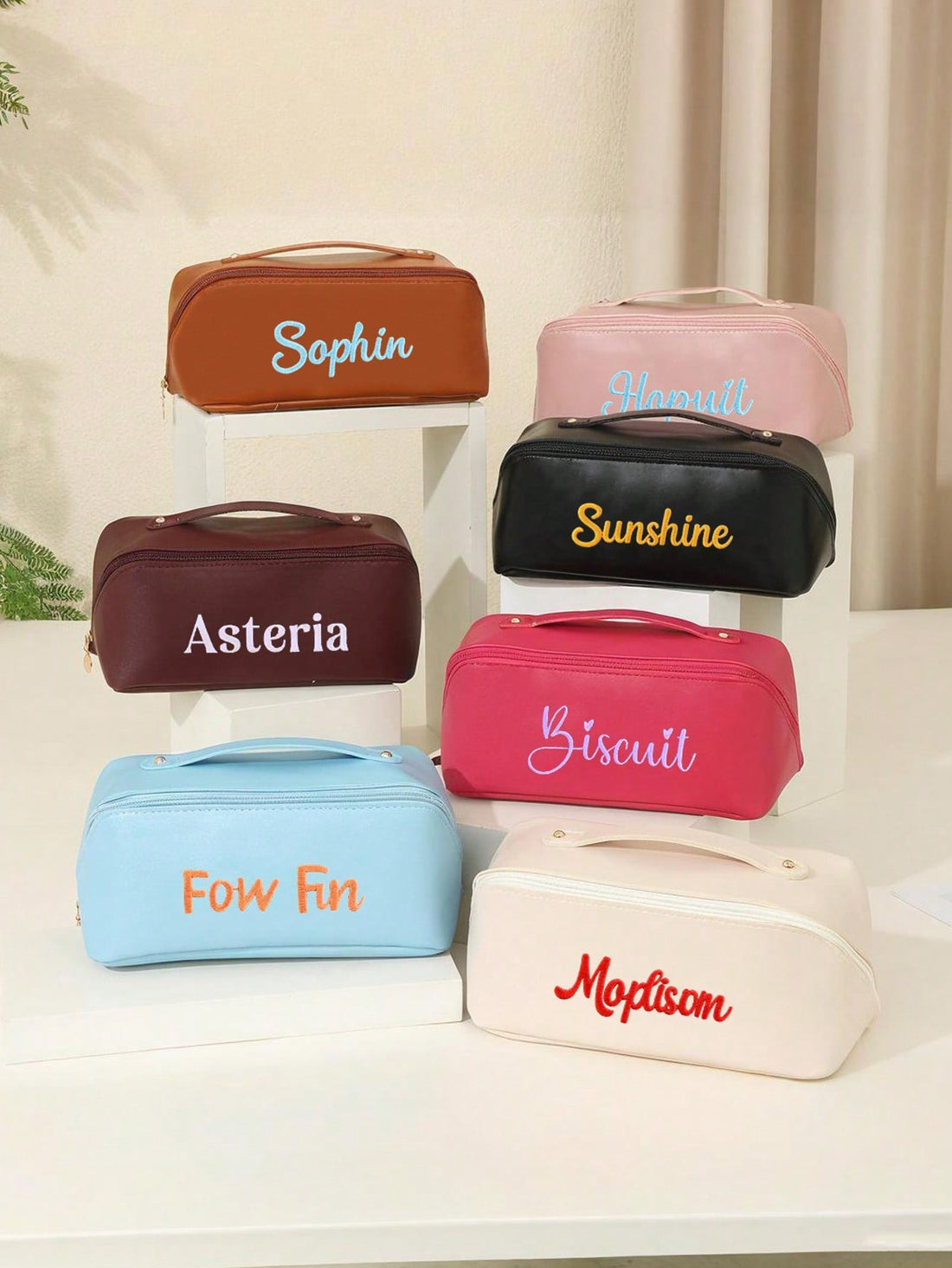 Customized embroidered diagonal zip makeup bag