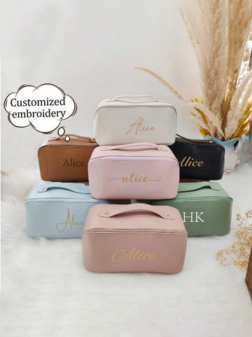 Customized embroidered diagonal zip makeup bag