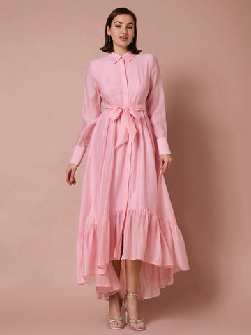 Pink long sleeve high low belted dress