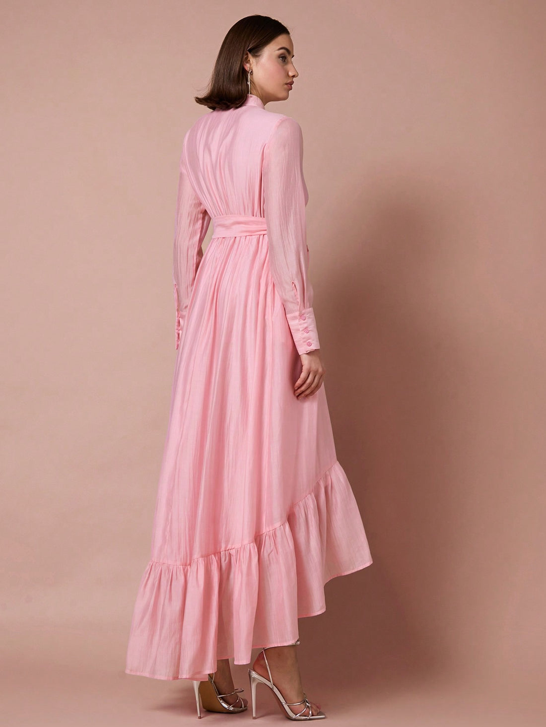 Pink long sleeve high low belted dress