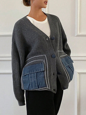 Grey chunky cardigan with denim pockets