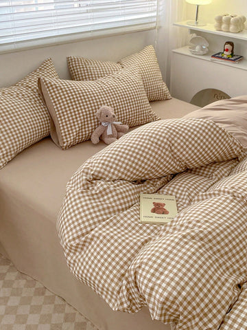 3 pc taupe gingham bedding set