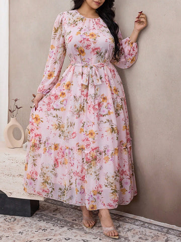 Plus long sleeve chiffon floral maxi dress
