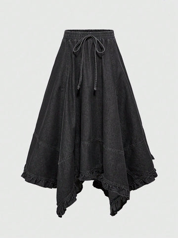 Asymmetric black denim skirt