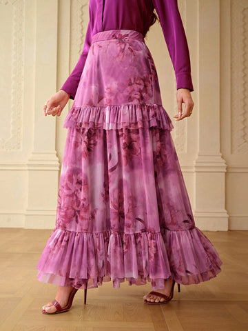 Floral print ruffle hem skirt