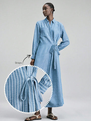 Blue and white striped dress with tie waist
