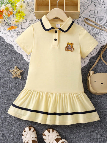 Young Girl Bear Patched Ruffle Hem Polo Neck Dress