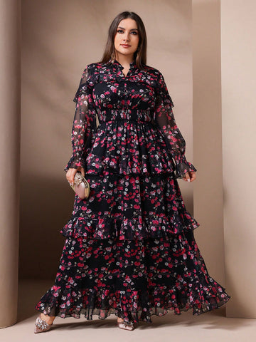 Plus Size Summer Elegant Floral Print Ruffle Hem Dress