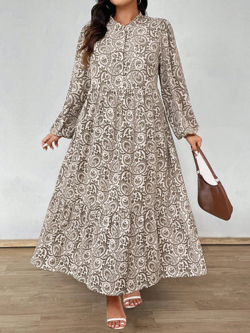 Plus Size Allover Print Lantern Sleeve Ruffle Hem Dress