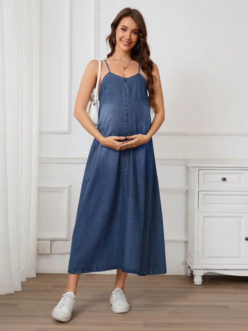 Maternity Simple Spaghetti Strap Casual Long Denim Dress