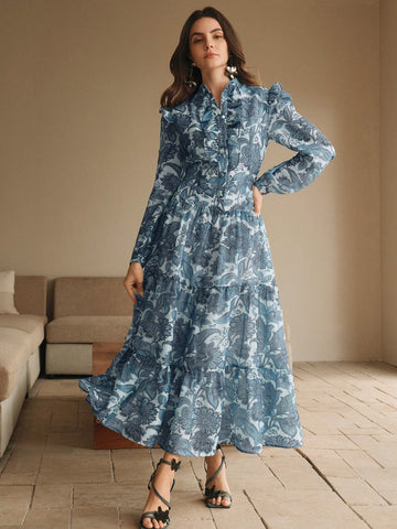 Floral Print Dress With Ruffle Hem And Lantern Sleeves