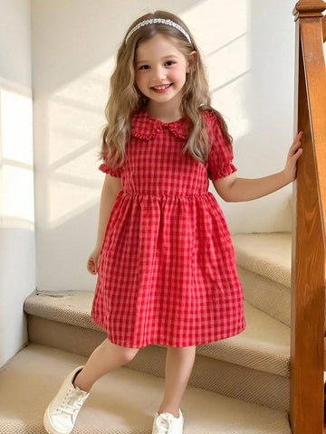 Young Girls Plaid Puff Sleeve Dress
