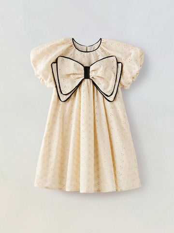 Zara inspired Kids Loose Casual Puff Sleeve Bow Decor Young Girl Dress
