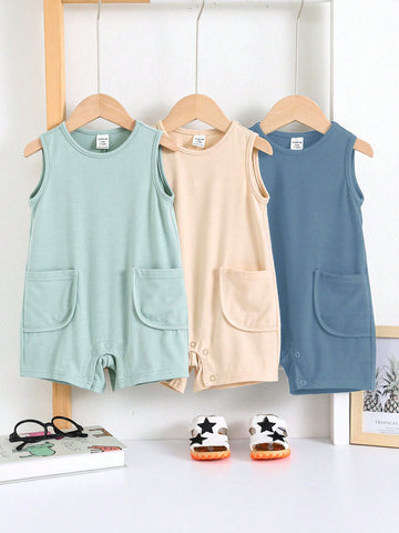 Cute Solid Color Knitted Sleeveless Romper 3 pcs