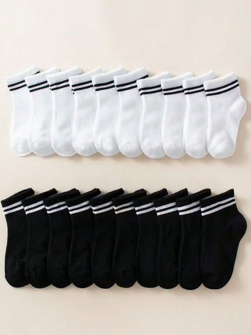 20 Pairs Children's Black & White Stripe Athletic Breathable Comfy Crew Socks