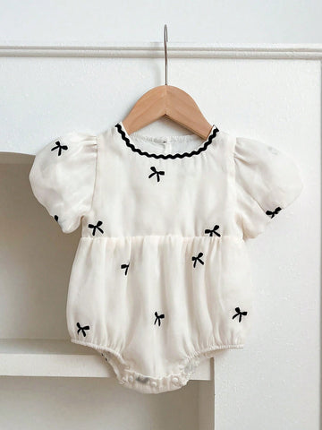 Baby Girl Summer Casual Bow Print Puff Sleeve Bodysuit