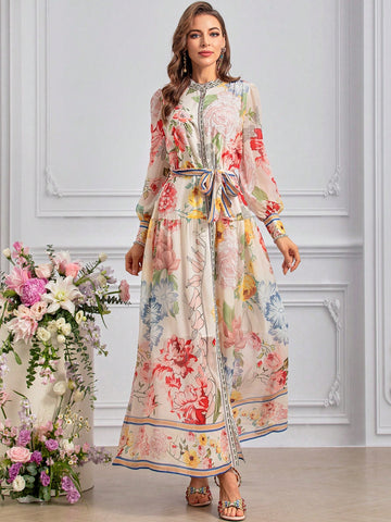 Elegant Floral Print Belted Loose Chiffon Dress