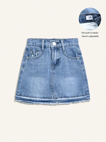 Young Girl Cute Denim Hip-Covering Skirt With Fringe Hem