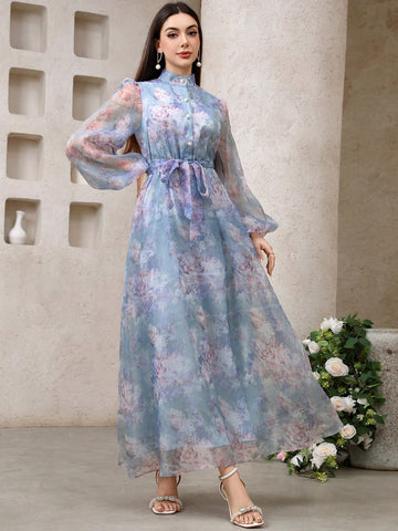 Floral Print Stand Collar Lantern Sleeve Dress