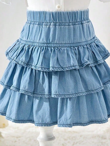 Girl Blue Denim Multilayer Ruffle Skirt
