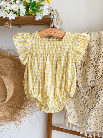 Baby Girls Infant Vintage Elegant Sweet Cute Daisy Printed Plaid Fabric Bodysuit