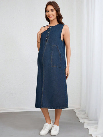 Maternity Patchwork Sleeveless Denim Dress