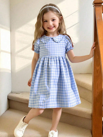 Girls Plaid Peter Pan Collar Short Sleeve Dress
