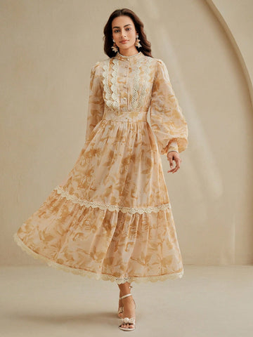 Women's New Yellow Long Sleeve A-Line Maxi Holiday Dress