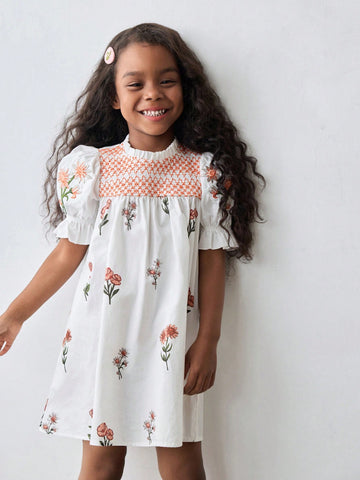 White Cotton Blends Floral Print Dress