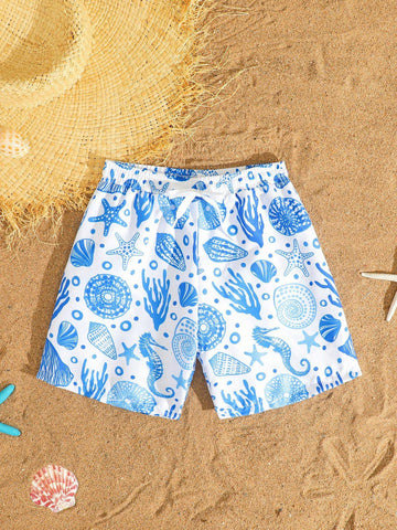 Young Boy Vacation Style Printed Drawstring Beach Shorts