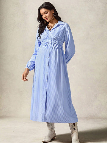 Boho Mama Casual Loose Blue And White Striped Long Sleeve Daily Pregnancy Dress