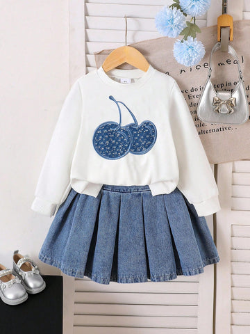 Cherry Sweater with Denim Skirt Set