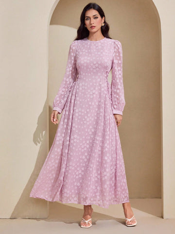 Jacquard Cut-Out Round Neck Long Sleeve Side Tie Waist Midi Dress