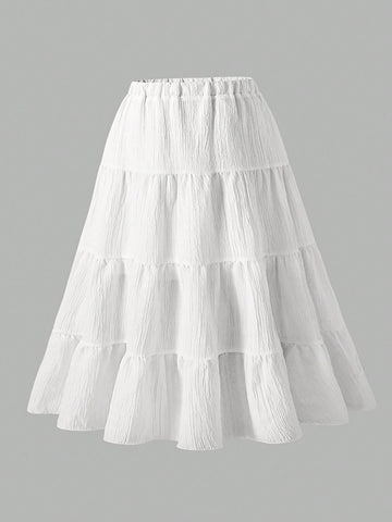 Young Girl Summer Solid Color Textured Elastic Waist Skirt