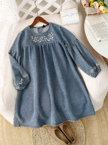 Girls' Oversized Blue Washed Denim Dress